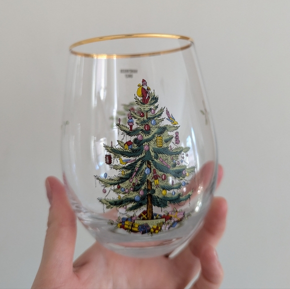 NWT set of 2 Spode Christmas tree stemless wine glasses - Picture 3 of 12
